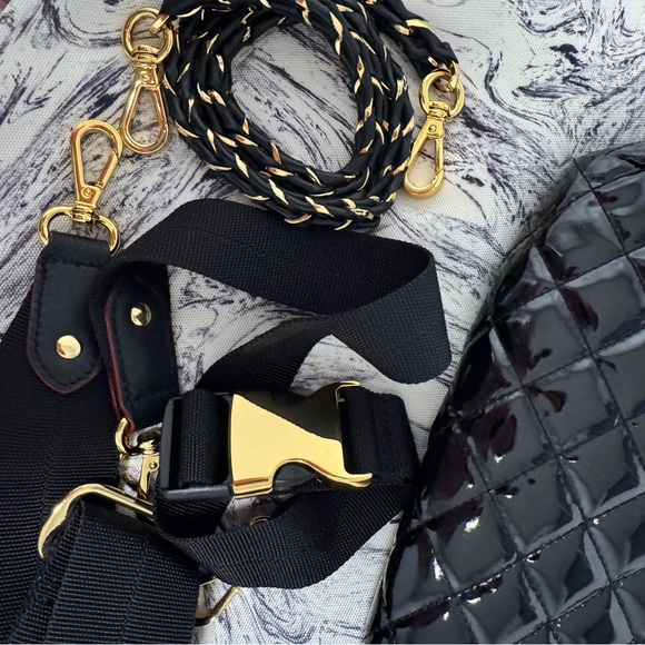 MZ Wallace Black Laquer Quilted Crosby Crossbody Sling  Bag Gold Accent - Picture 12 of 12